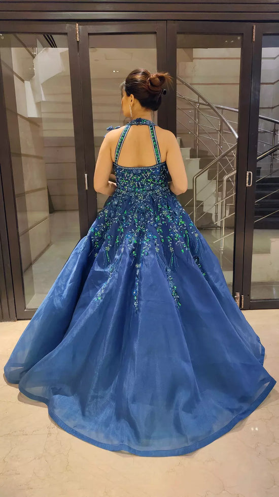 Load image into Gallery viewer, Teal Blue Flared Gown in Organza
