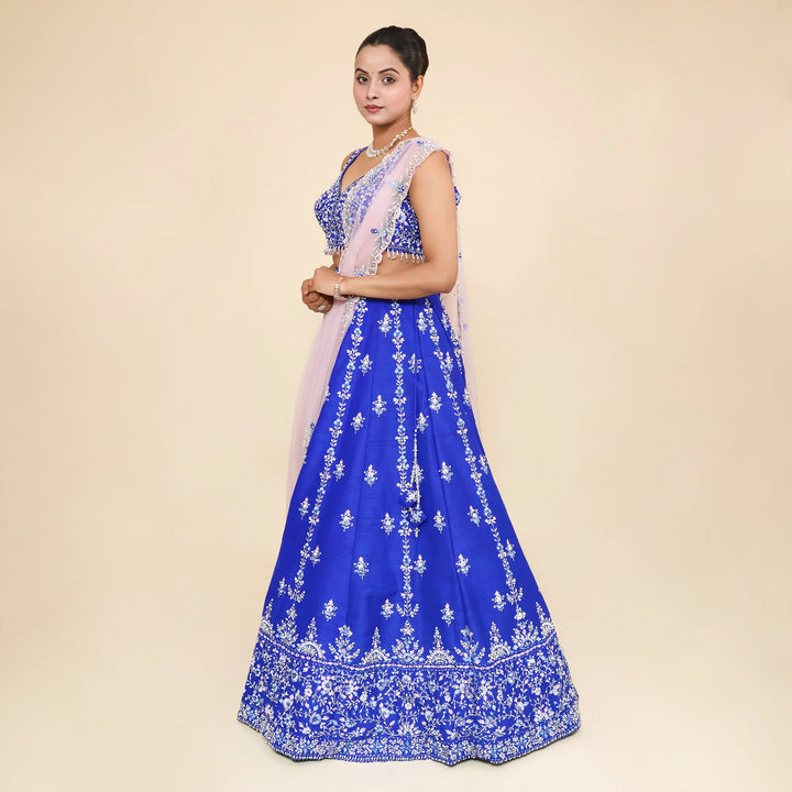 Teel Blue Silk Crop Top Lehenga – Vastrachowk