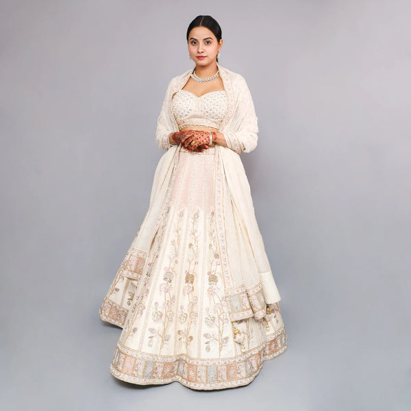 Traditional Cream Kali-Style Lehenga Set