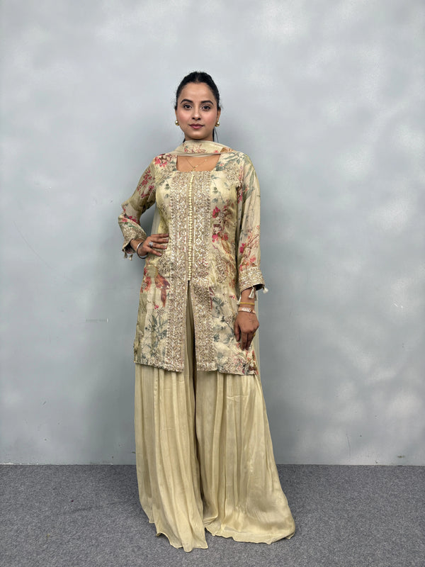 Trendy Ethnic Front Cut Suit with Sharara