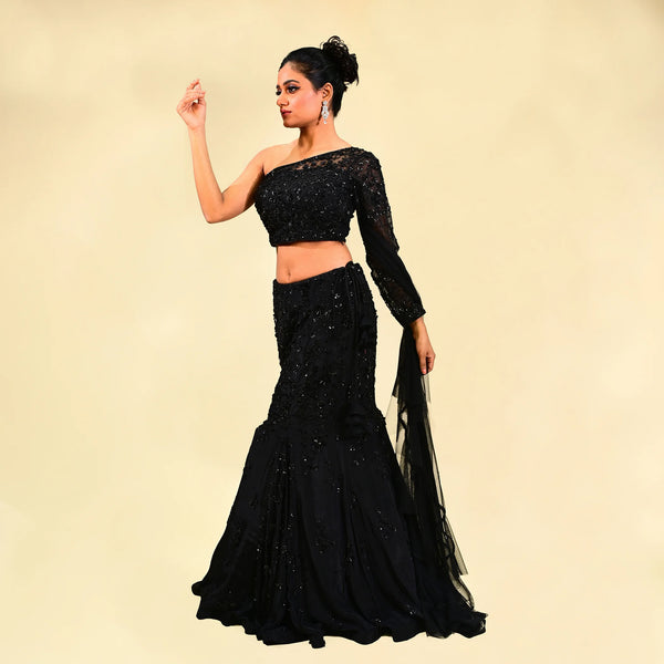 Vastrachowk One Shoulder Mermaid Style Skirt with Full Sleeves Choli