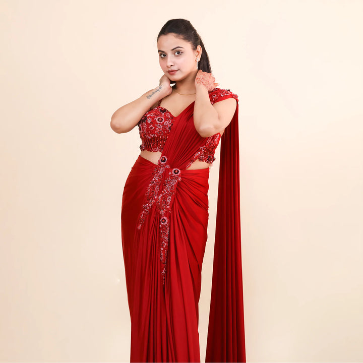 Western Crop Top Drape Saree- Vastrachowk