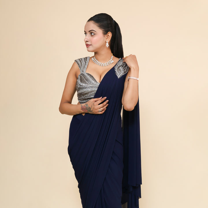 Western Crop Top with Drape Saree- Vastrachowk