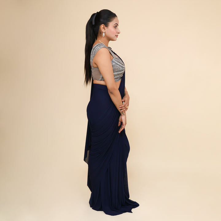 Western Crop Top with Drape Saree- Vastrachowk