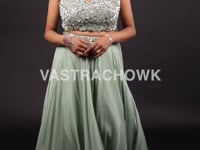 Pista Green Girlish Crop Top Skirt with Choker Dupatta-  Vastrachowk